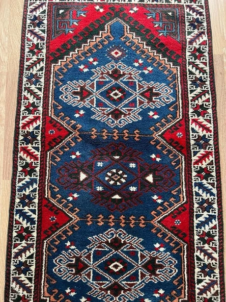 88x174 cm Vintage Mavi Halı, El Dokuma Renkli Oryantal Kilim, Mavi-Kırmızı Nostaljik Uşak Halısı - 4