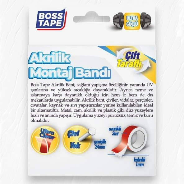 Boss Tape Çift Taraflı Akrilik Montaj Bandı- 18mmx3mt Şeffaf - 4