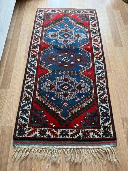 88x174 cm Vintage Mavi Halı, El Dokuma Renkli Oryantal Kilim, Mavi-Kırmızı Nostaljik Uşak Halısı