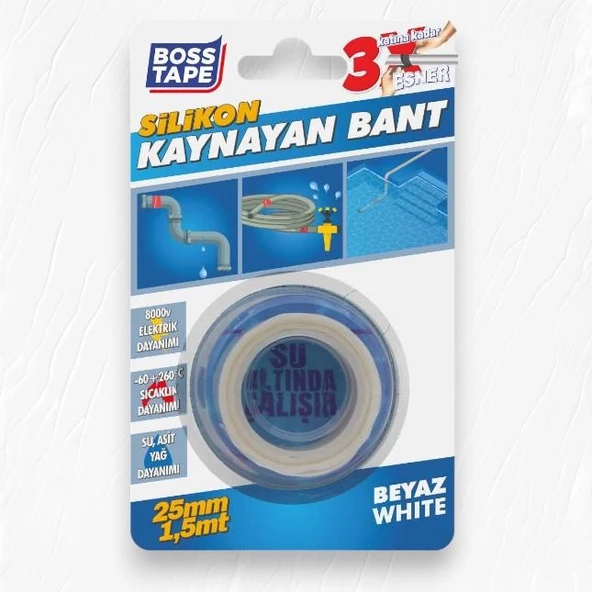 Boss Tape Silikon Kaynayan Tamir Bandı En:25mm Boy:1,5mt Beyaz