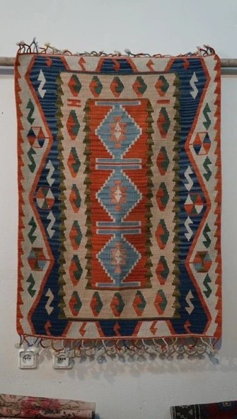 86x118 cm Geometrik Desenli Türk Kilim, El Yapımı Saçaklı, Yünlü Anadolu Kilimi, Nostaljik Dekoratif Kilim - 3