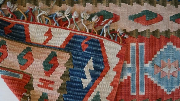 86x118 cm Geometrik Desenli Türk Kilim, El Yapımı Saçaklı, Yünlü Anadolu Kilimi, Nostaljik Dekoratif Kilim - 6