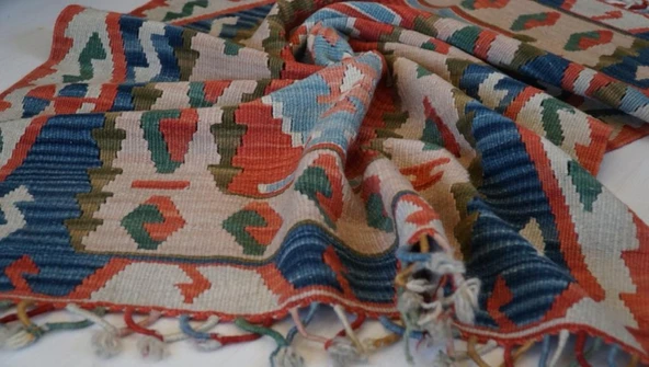 86x118 cm Geometrik Desenli Türk Kilim, El Yapımı Saçaklı, Yünlü Anadolu Kilimi, Nostaljik Dekoratif Kilim - 5