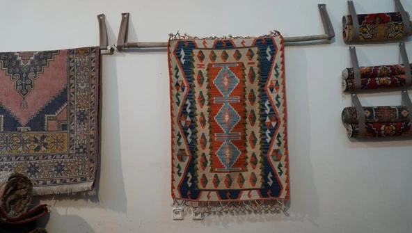 86x118 cm Geometrik Desenli Türk Kilim, El Yapımı Saçaklı, Yünlü Anadolu Kilimi, Nostaljik Dekoratif Kilim - 2