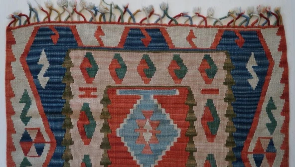 86x118 cm Geometrik Desenli Türk Kilim, El Yapımı Saçaklı, Yünlü Anadolu Kilimi, Nostaljik Dekoratif Kilim - 4