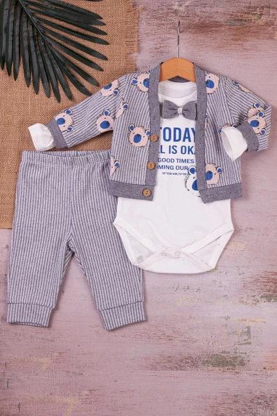 Papyonlu Bear Çizgili Model Ceketli 3'lü Erkek Bebek Takımı