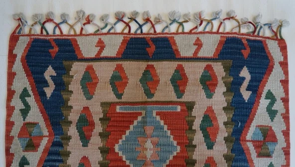 86x118 cm Geometrik Desenli Türk Kilim, El Yapımı Saçaklı, Yünlü Anadolu Kilimi, Nostaljik Dekoratif Kilim - 7