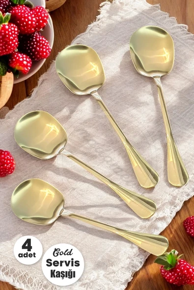 Madamev 4'lü Gold Servis Kaşığı Paslanmaz Çelik Lüx Salata Börek Pasta Fırın Tavuk Patates Servis Kaşığı