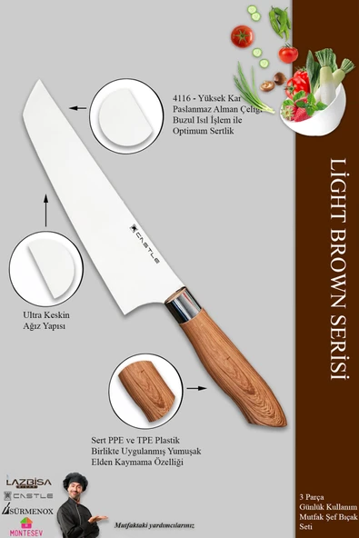 Light Brown Serisi Mutfak Bıçak Seti Et Ekmek Sebze Şef Bıçağı 3 Lü Set ( Mft-749) - Resim 2