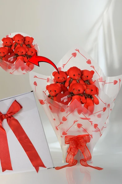 Premium Yumoş Kırmızı Peluş Ayıcık Buketi, Sevgiliye, Doğum Gününe Hediye - 8
