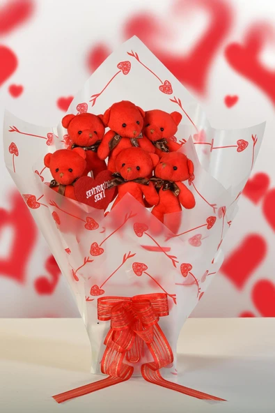 Premium Yumoş Kırmızı Peluş Ayıcık Buketi, Sevgiliye, Doğum Gününe Hediye - 7