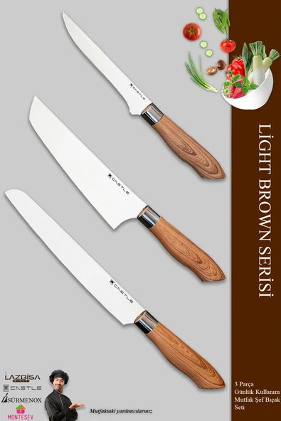 Light Brown Serisi Mutfak Bıçak Seti Et Ekmek Sebze Şef Bıçağı 3 Lü Set ( Mft-749)