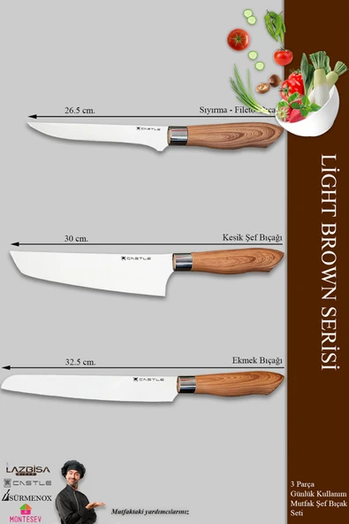 Light Brown Serisi Mutfak Bıçak Seti Et Ekmek Sebze Şef Bıçağı 3 Lü Set ( Mft-749) - Resim 4