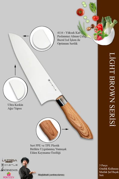 Light Brown Serisi Mutfak Bıçak Seti Et Ekmek Sebze Salata Börek Şef Bıçağı 3 Lü Set ( Mft-476) - 2