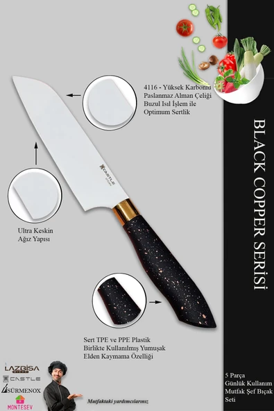 Black Copper Serisi Mutfak Bıçak Seti Et Ekmek Sebze Salata Börek Şef Bıçağı 5 Li Set ( Mft-568)