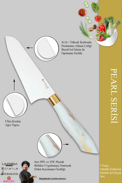 Pearl Serisi Mutfak Bıçak Seti Et Ekmek Sebze Şef Bıçağı 3 Lü Set (Mft-123) - 2