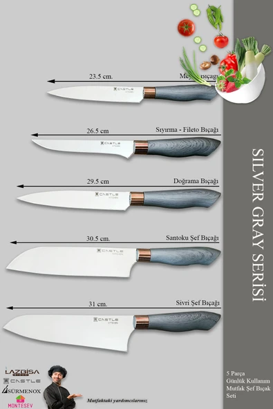 Silver Gray Serisi Mutfak Bıçak Seti Et Ekmek Sebze Şef Bıçağı 5 Li Set ( Mft-568) - Resim 2