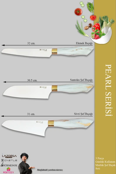 Pearl Serisi Mutfak Bıçak Seti Et Ekmek Sebze Şef Bıçağı 3 Lü Set (Mft-123) - 4