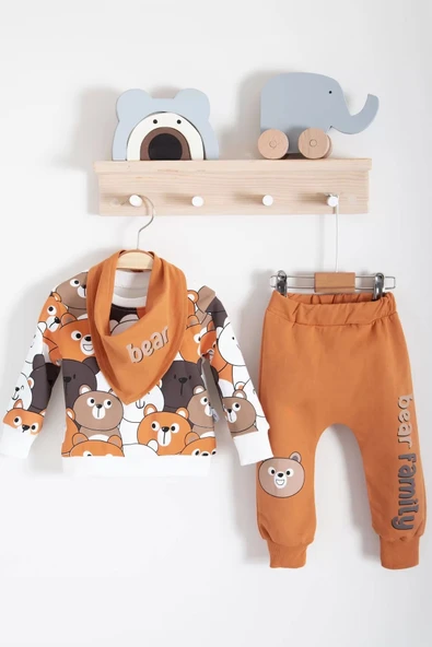 Family Bears Desenli 3'lü Fularlı Erkek Bebek Takımı