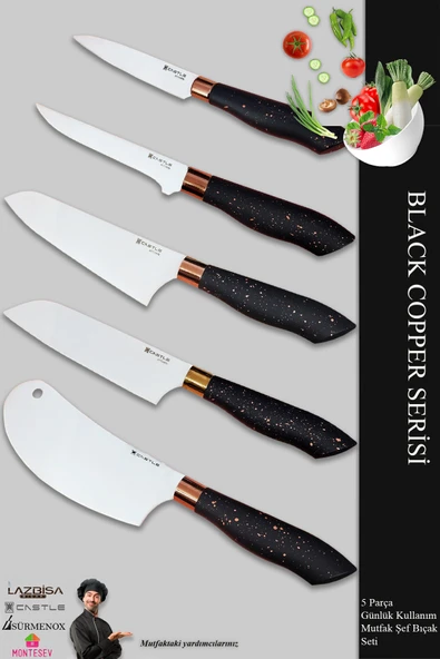 Black Copper Serisi Mutfak Bıçak Seti Et Ekmek Sebze Salata Börek Şef Bıçağı 5 Li Set ( Mft-568) - Resim 2