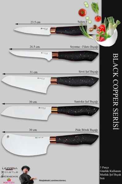 Black Copper Serisi Mutfak Bıçak Seti Et Ekmek Sebze Salata Börek Şef Bıçağı 5 Li Set ( Mft-568) - Resim 4