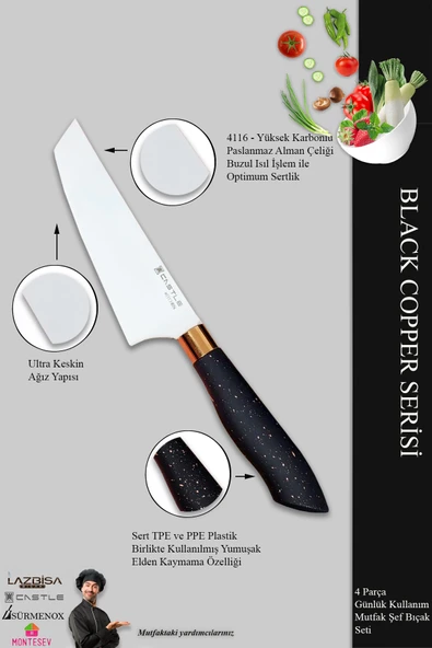 Black Copper Serisi Mutfak Bıçak Seti Et Ekmek Sebze Şef Bıçağı 4 Lü Set ( Mft-854) - 3