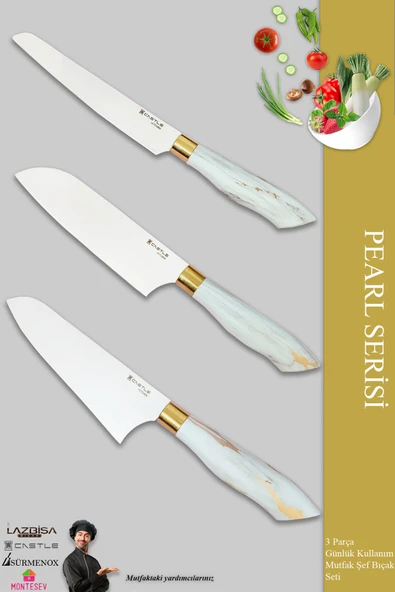 Pearl Serisi Mutfak Bıçak Seti Et Ekmek Sebze Şef Bıçağı 3 Lü Set (Mft-123)