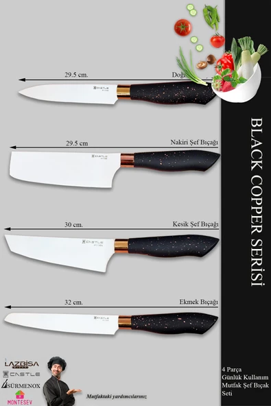Black Copper Serisi Mutfak Bıçak Seti Et Ekmek Sebze Şef Bıçağı 4 Lü Set ( Mft-854) - 2