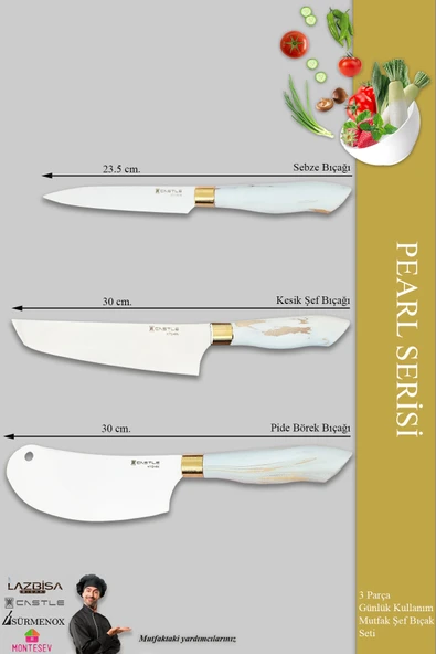 Pearl Serisi Mutfak Bıçak Seti Et Ekmek Sebze Salata Börek Şef Bıçağı 3 Lü Set ( Mft-4127)