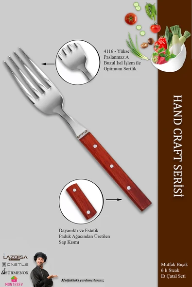 Hand Caft Serisi Mutfak Bıçak Çatal Paduk Sap 6'lı Steak Et Kahvaltı Yemek Çatalı (MFT-2547) - 3
