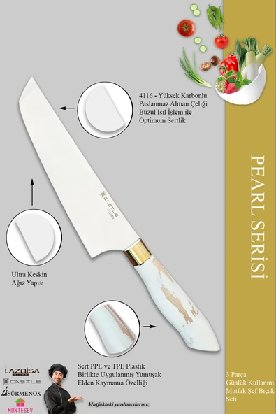Pearl Serisi Mutfak Bıçak Seti Et Ekmek Sebze Salata Börek Şef Bıçağı 3 Lü Set ( Mft-4127) - Resim 4