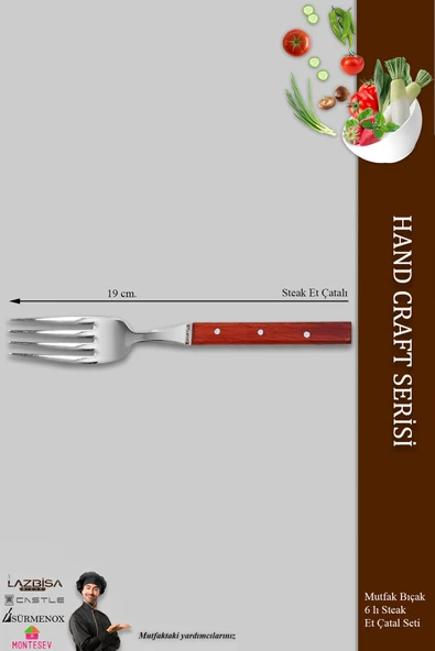 Hand Caft Serisi Mutfak Bıçak Çatal Paduk Sap 6'lı Steak Et Kahvaltı Yemek Çatalı (MFT-2547) - 2