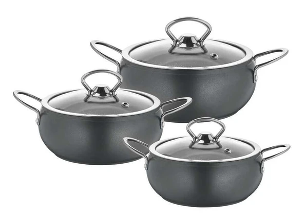 Mini Tencere Takımı Granit 3lü Cam Kapaklı 14-16-18 CM