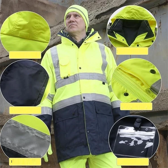 Reflektörlü Oxford Çift Renk 300D Oxford 5+1 Parka Sarı - 3