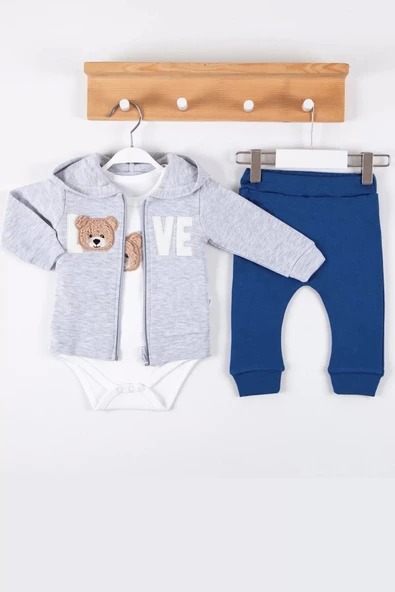 Love Bear Nakışlı % 100 Pamuk Hırkalı 3'lü Erkek Takım
