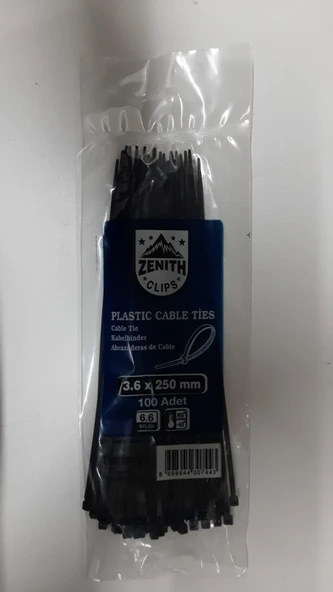 Zenith Kablo Bağı Klips Plastik Kelepçe 3,6x250 mm Siyah 100 adet