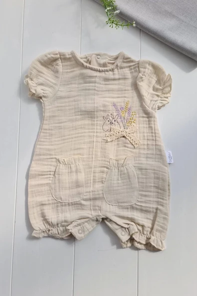 Müslin Kumaş Çiçek Nakışlı Pamuklu Kız Bebek Tulum - Resim 2