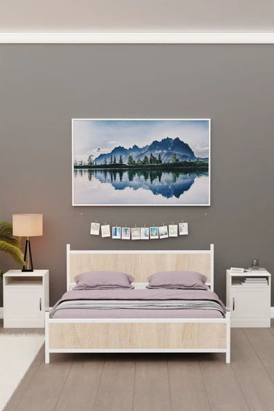 Metalia GM 305 Modern Çift Kişilik Ahşap Metal Beyaz Sonomo Karyola 150X200 - 3