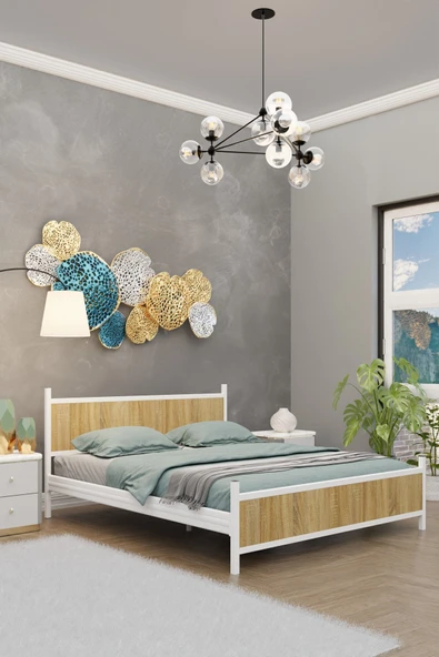 Metalia GM 305 Modern Çift Kişilik Ahşap Metal Beyaz Atlantik Çam Karyola 160X200