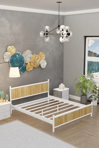 Metalia GM 305 Modern Çift Kişilik Ahşap Metal Beyaz Atlantik Çam Karyola 160X200 - 4