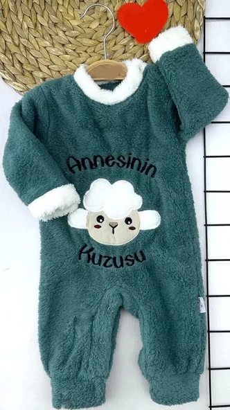 Kuzu Tüylü Kumaş Annesinin Kuzusu Nakışlı Alttan Çıtçıtlı Kız Erkek Bebek Tulumu