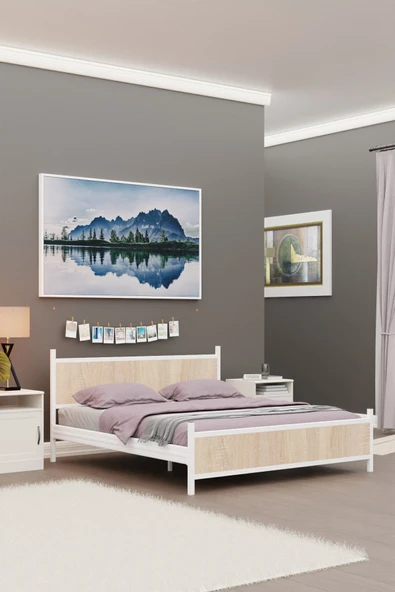 Metalia GM 305 Modern Çift Kişilik Ahşap Metal Beyaz Sonomo Karyola 150X200 - 1