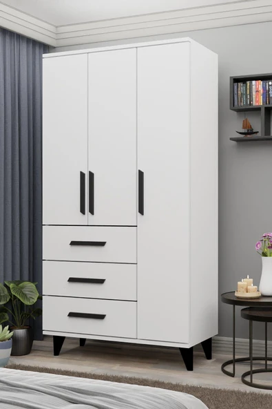 Metalia GM 303-A Ece 3 Kapı 3 Çekmeceli Ayaklı Siyah Kulplu Gardırop - 2