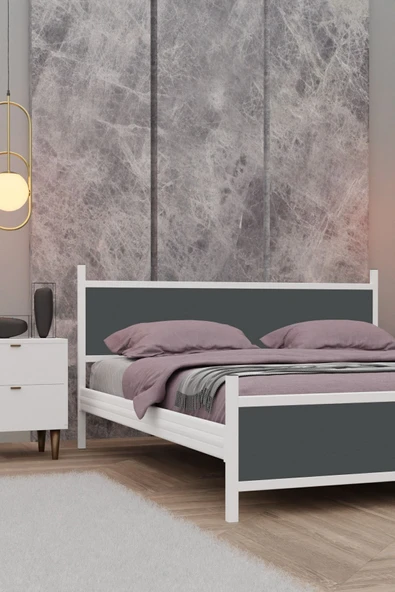 Metalia GM 305 Modern Çift Kişilik Ahşap Metal Beyaz Antrasit Gri Karyola 160X200 - Resim 2