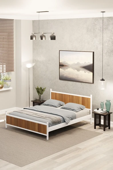 Metalia GM 305 Modern Çift Kişilik Ahşap Metal Beyaz Ceviz Karyola 150X200