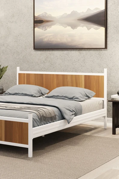 Metalia GM 305 Modern Çift Kişilik Ahşap Metal Beyaz Ceviz Karyola 140X190 - Resim 2