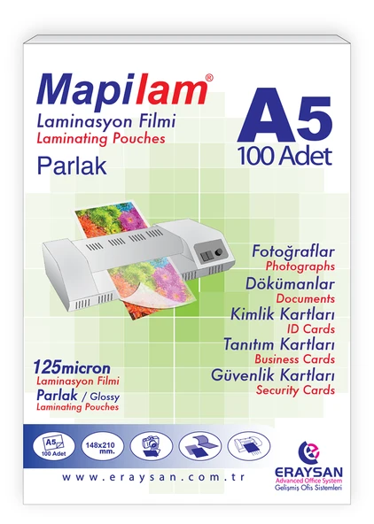 MAPİLAM 125 MİCRON PARLAK LAMİNASYON FİLMİ (A5) 100 LÜ