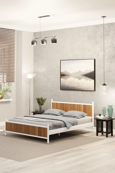 Metalia GM 305 Modern Çift Kişilik Ahşap Metal Beyaz Ceviz Karyola 140X190 ürün görseli