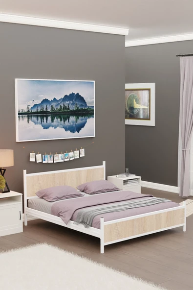 Metalia GM 305 Modern Çift Kişilik Ahşap Metal Beyaz Sonomo Karyola 150X200 - 2