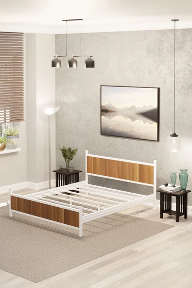 Metalia GM 305 Modern Çift Kişilik Ahşap Metal Beyaz Ceviz Karyola 140X190 - Resim 4